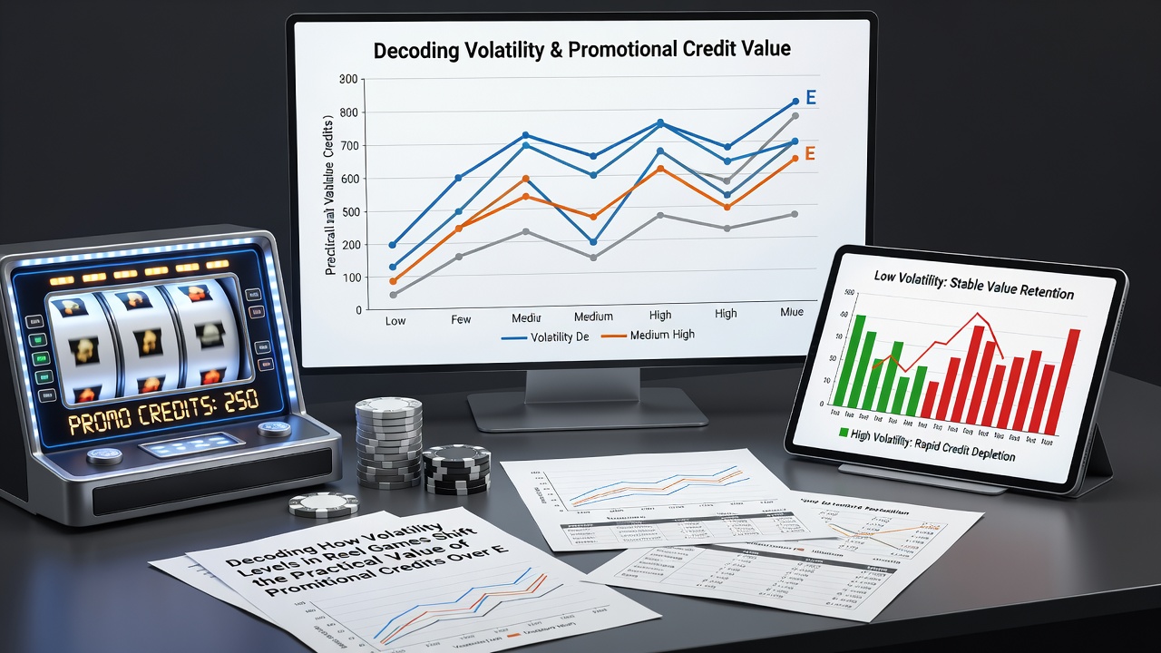 Graph illustrating credit value fluctuation across low medium and high volatility reel games over time